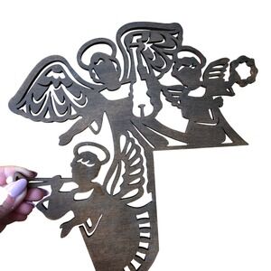 Vintage Wooden Angel Silhouette Wall Art Cutout Brown Christmas Door Corner